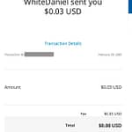 Paypal transfer from Daniel White to Benjamin C. Kinney, totaling $0.00 after fees