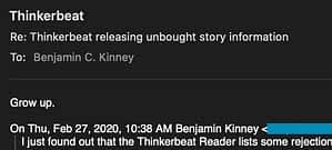 Email from Thinkerbeat to Benjamin C. Kinney containing only the words "Grow up."