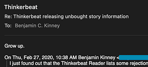 Email from Thinkerbeat to Benjamin C. Kinney containing only the words "Grow up."